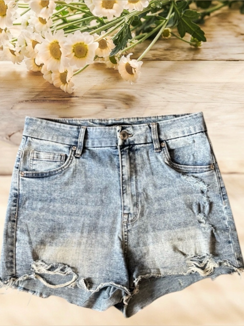 Free | Light Wash Distressed Denim Shorts